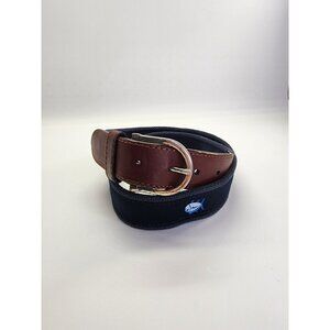 Southern Tide Men Blue Canvas Belt Brown Leather Buckle Fish Embroidered Size 36